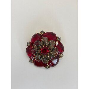 Vintage Large Dome Cluster Red and Gray Glass Teardrop Stone Brooch Gold Tone